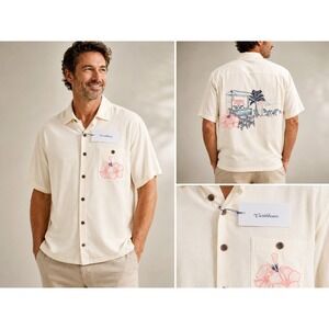 Carribbean Cream Short Sleeve Mens XL Hawaiian Camp Shirt Viscose Embroidered